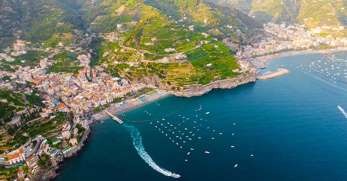 Positano on the Amalfi Coast with colourful buildings, cliffs and the Mediterranean sea