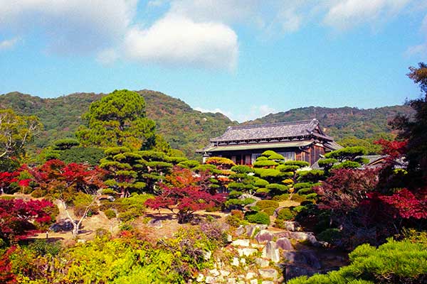 Ryoan-ji Zen rock garden in Kyoto with fifteen rocks arranged on white gravel
