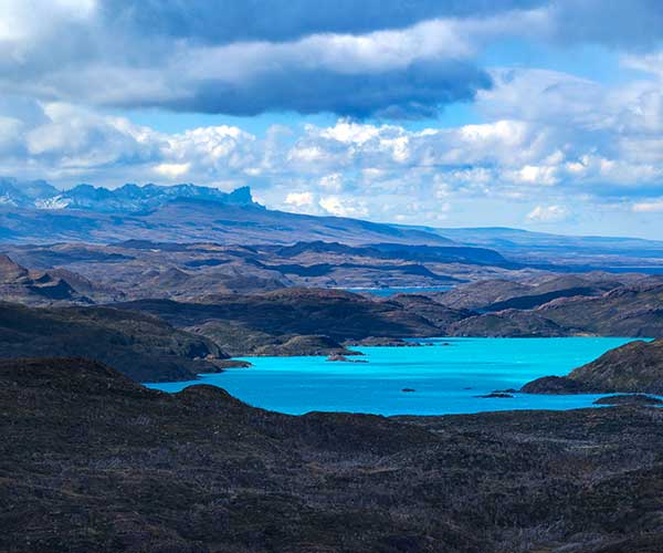 Patagonian mountain scenery and blue lake