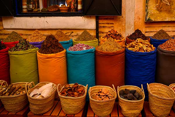 Colourful spices and traditional Moroccan products in Marrakech