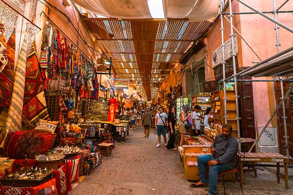 Traditional Moroccan leather goods in a Marrakech market