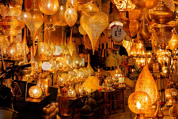 Moroccan lanterns and traditional metalwork in a Marrakech souk