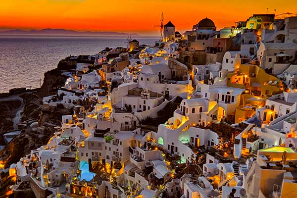 Oia village in Santorini at sunset